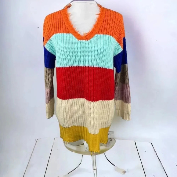 Dress Up Colorful Striped Tunic Sweater V Neck Frayed Trim Size S - Picture 1 of 11